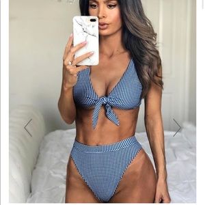 Navy gingham checkered tie bikini set